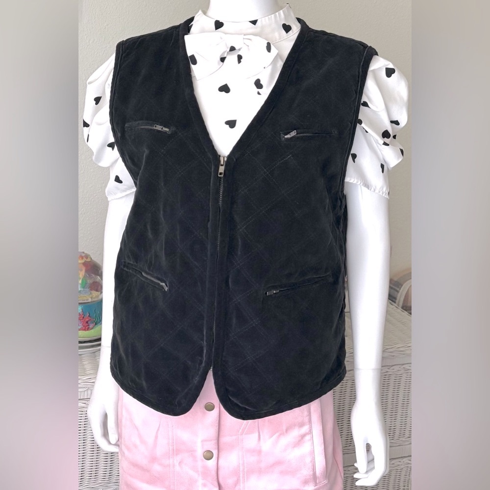Vintage Gloria Vanderbilt Vest Diamond Quilted Velvet Cotton in Black Size L